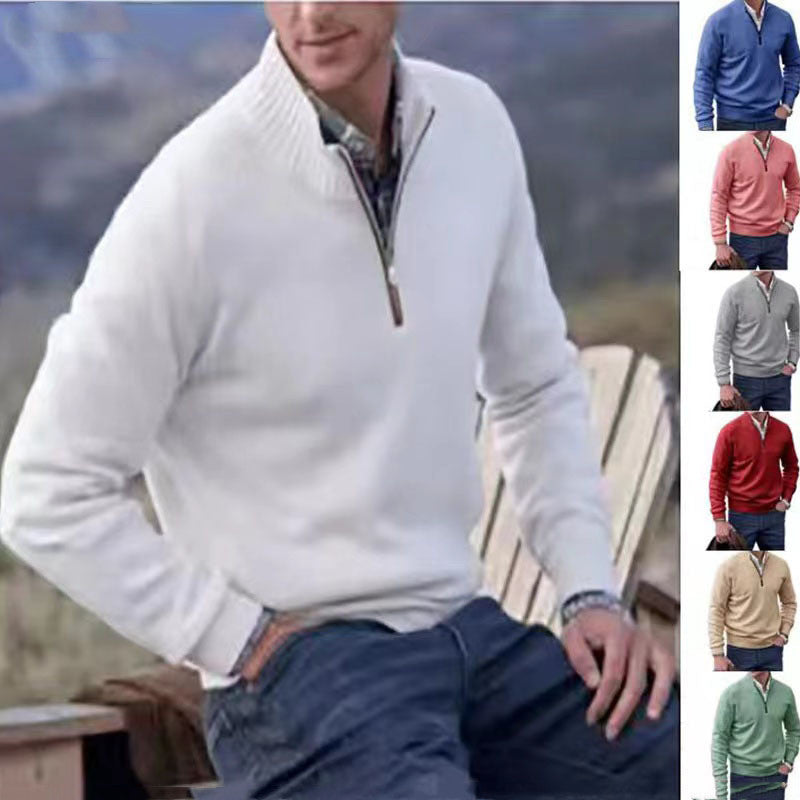 Men's Pullover Sweater Fashion Zipper Stand Collar Knitted Top Casual Solid Color Sweatshirt Clothing