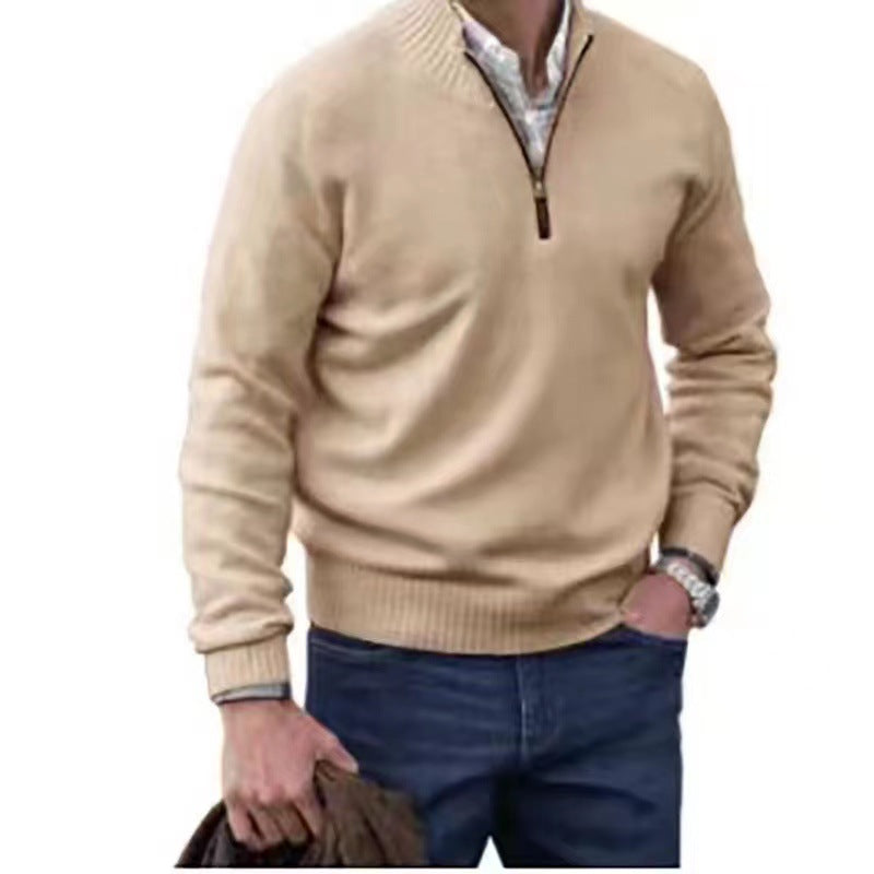 Men's Pullover Sweater Fashion Zipper Stand Collar Knitted Top Casual Solid Color Sweatshirt Clothing