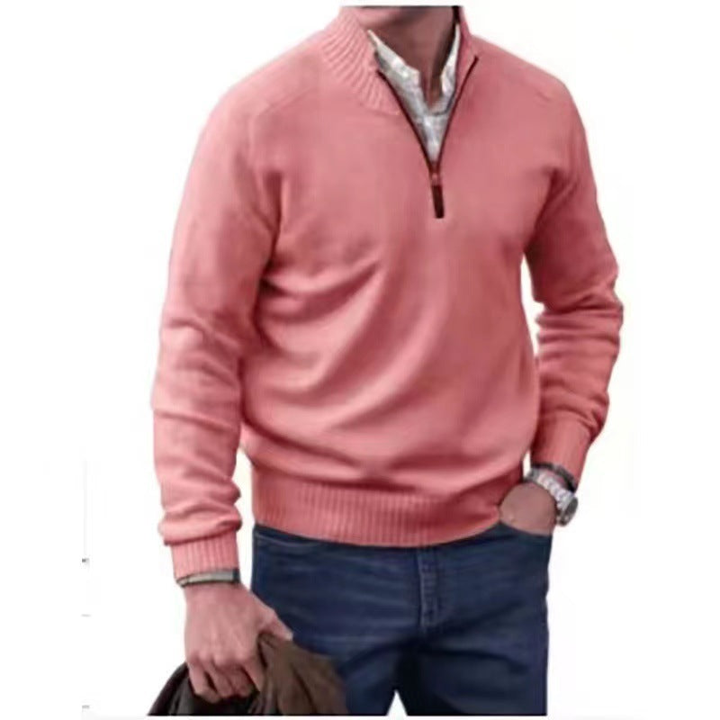 Men's Pullover Sweater Fashion Zipper Stand Collar Knitted Top Casual Solid Color Sweatshirt Clothing
