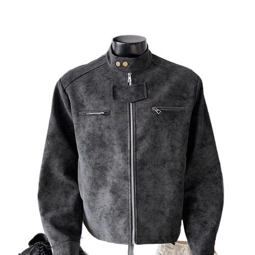 Vintage PU Leather Stand-Up Collar Biker Jacket