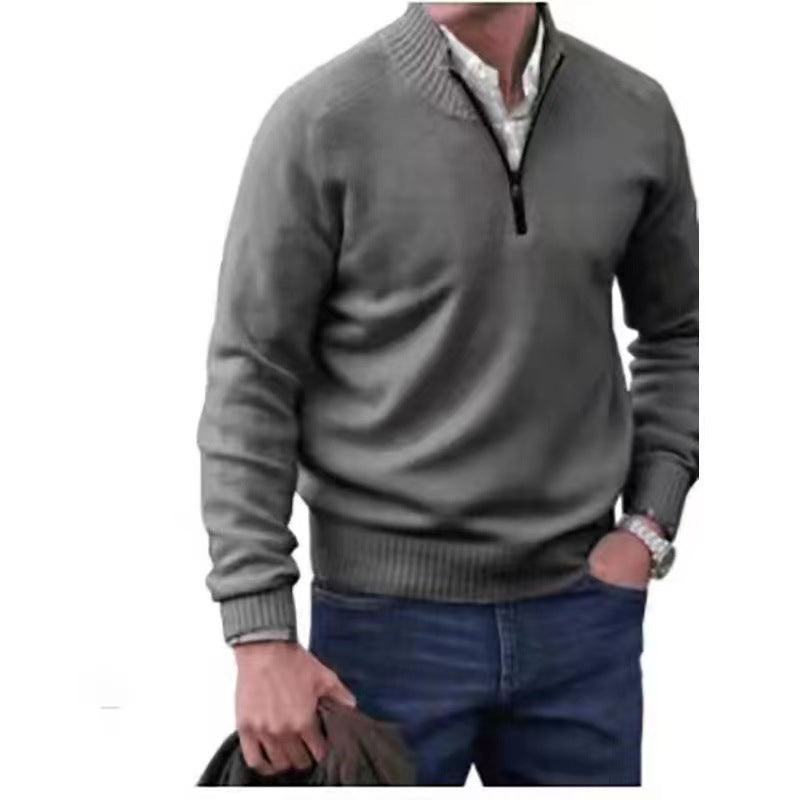 Men's Pullover Sweater Fashion Zipper Stand Collar Knitted Top Casual Solid Color Sweatshirt Clothing